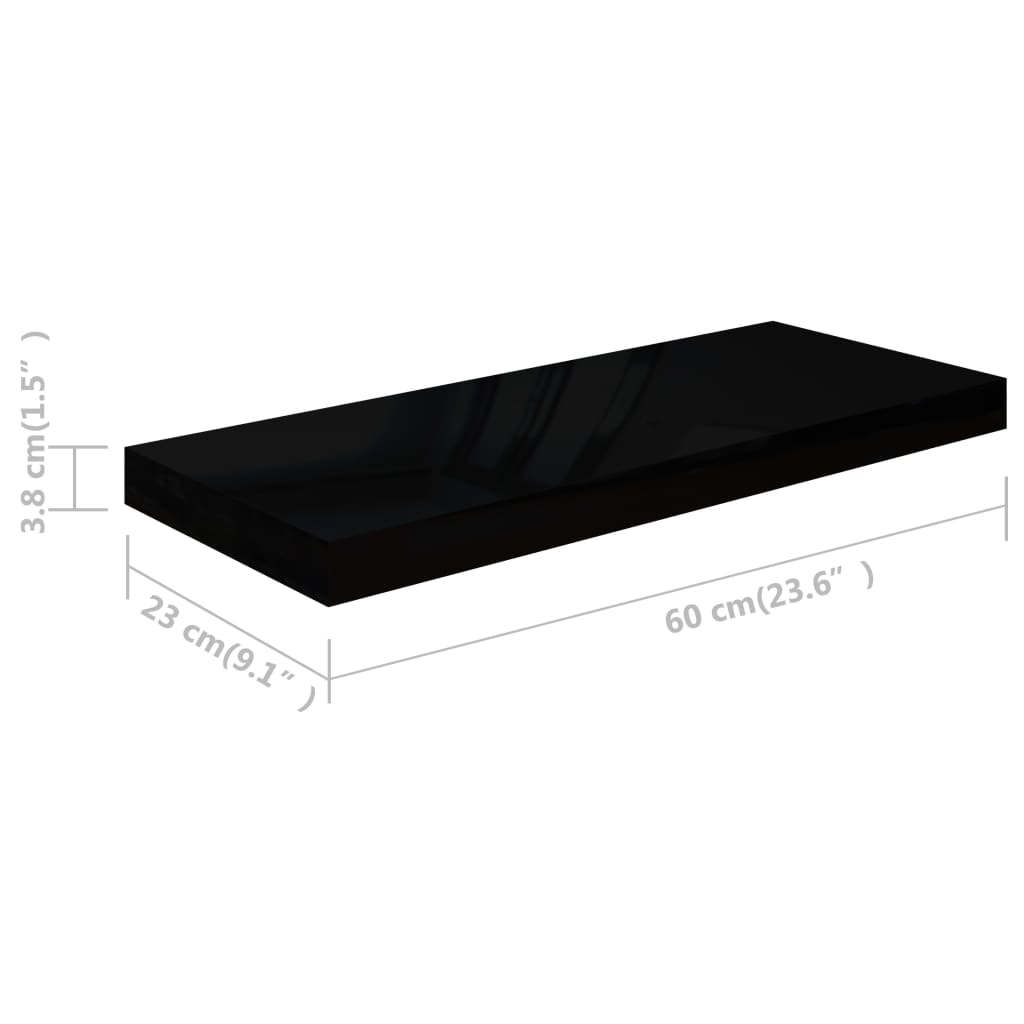 Raft De Perete Suspendat Negru Extralucios, 60X23,5X3,8 Cm, Mdf Negru Foarte Lucios