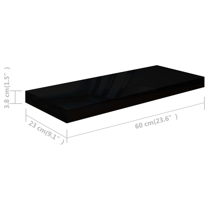 Raft De Perete Suspendat Negru Extralucios, 60X23,5X3,8 Cm, Mdf Negru Foarte Lucios
