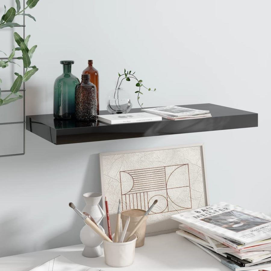 Raft De Perete Suspendat Negru Extralucios, 60X23,5X3,8 Cm, Mdf Negru Foarte Lucios