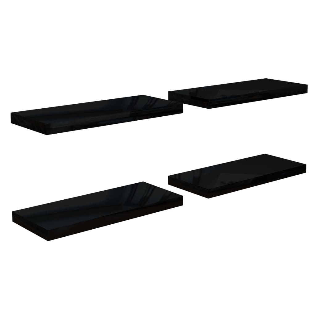 Rafturi De Perete 4 Buc. Negru Extralucios, 60X23,5X3,8 Cm, Mdf Negru Foarte Lucios