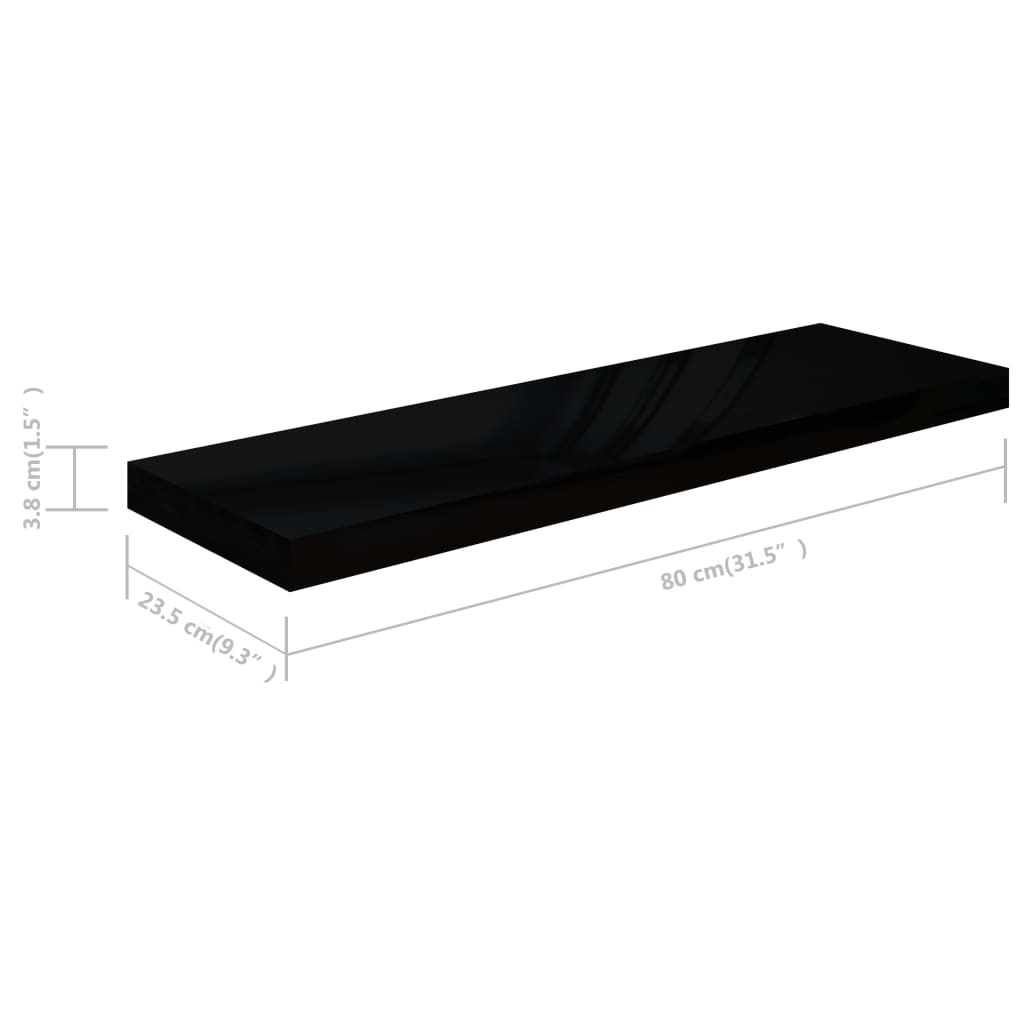 Rafturi De Perete 2 Buc., Negru Extralucios, 80X23,5X3,8 Cm Mdf Negru Foarte Lucios