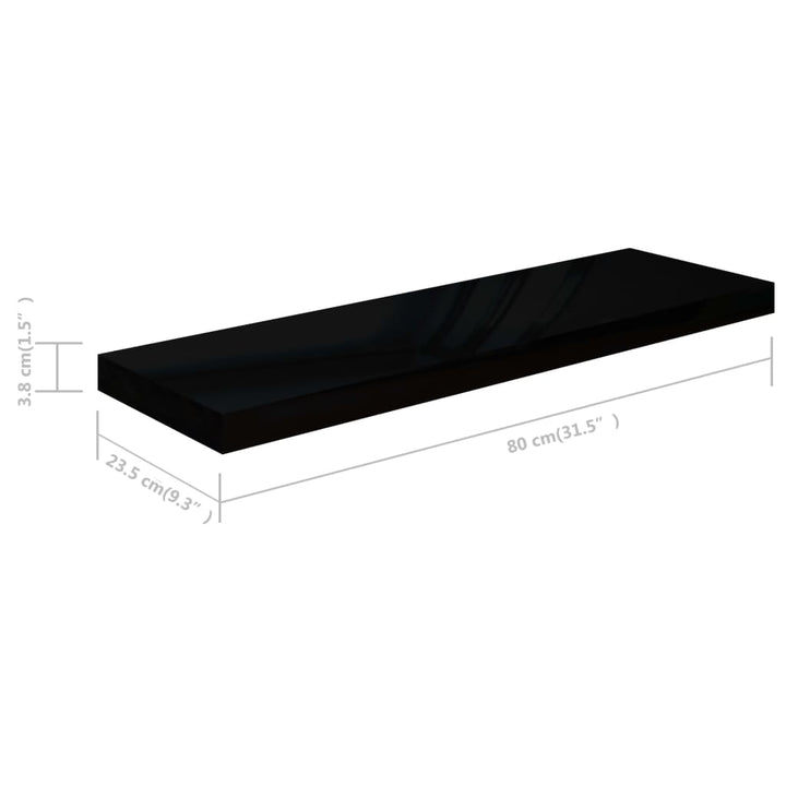 Rafturi De Perete 2 Buc., Negru Extralucios, 80X23,5X3,8 Cm Mdf Negru Foarte Lucios