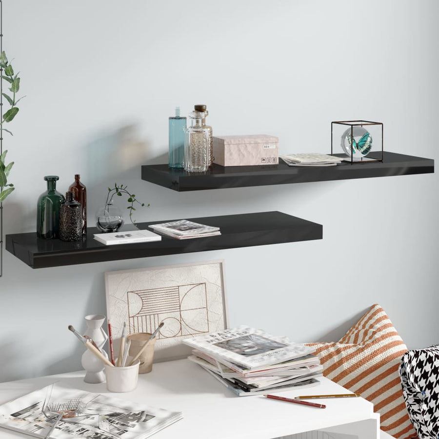 Rafturi De Perete 2 Buc., Negru Extralucios, 80X23,5X3,8 Cm Mdf Negru Foarte Lucios