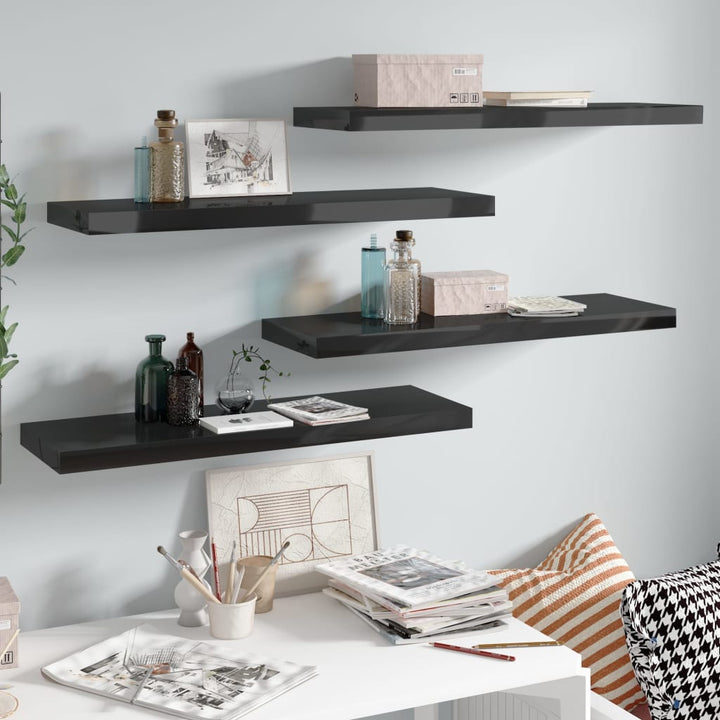 Rafturi De Perete, 4 Buc., Negru Extralucios 80X23,5X3,8 Cm Mdf Negru Foarte Lucios