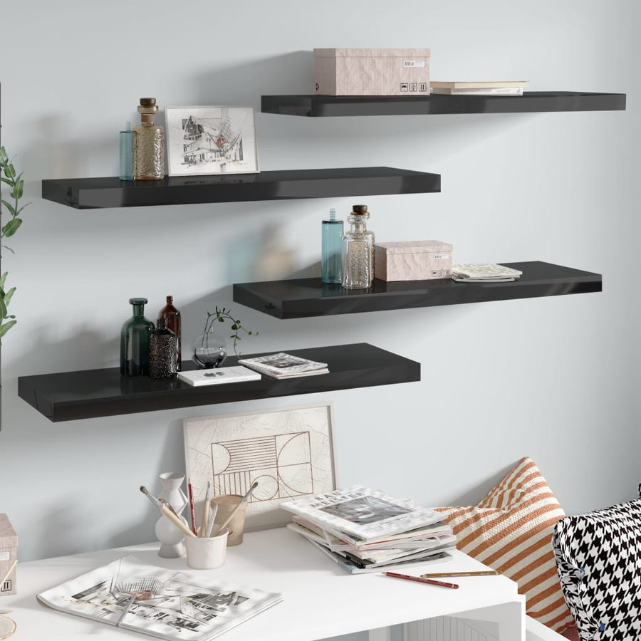 Rafturi De Perete, 4 Buc., Negru Extralucios 80X23,5X3,8 Cm Mdf Negru Foarte Lucios