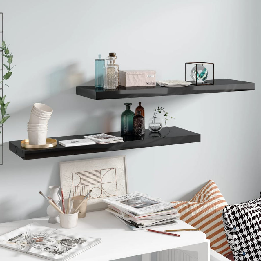 Rafturi De Perete, 2 Buc., Negru Extralucios 90X23,5X3,8 Cm Mdf Negru Foarte Lucios