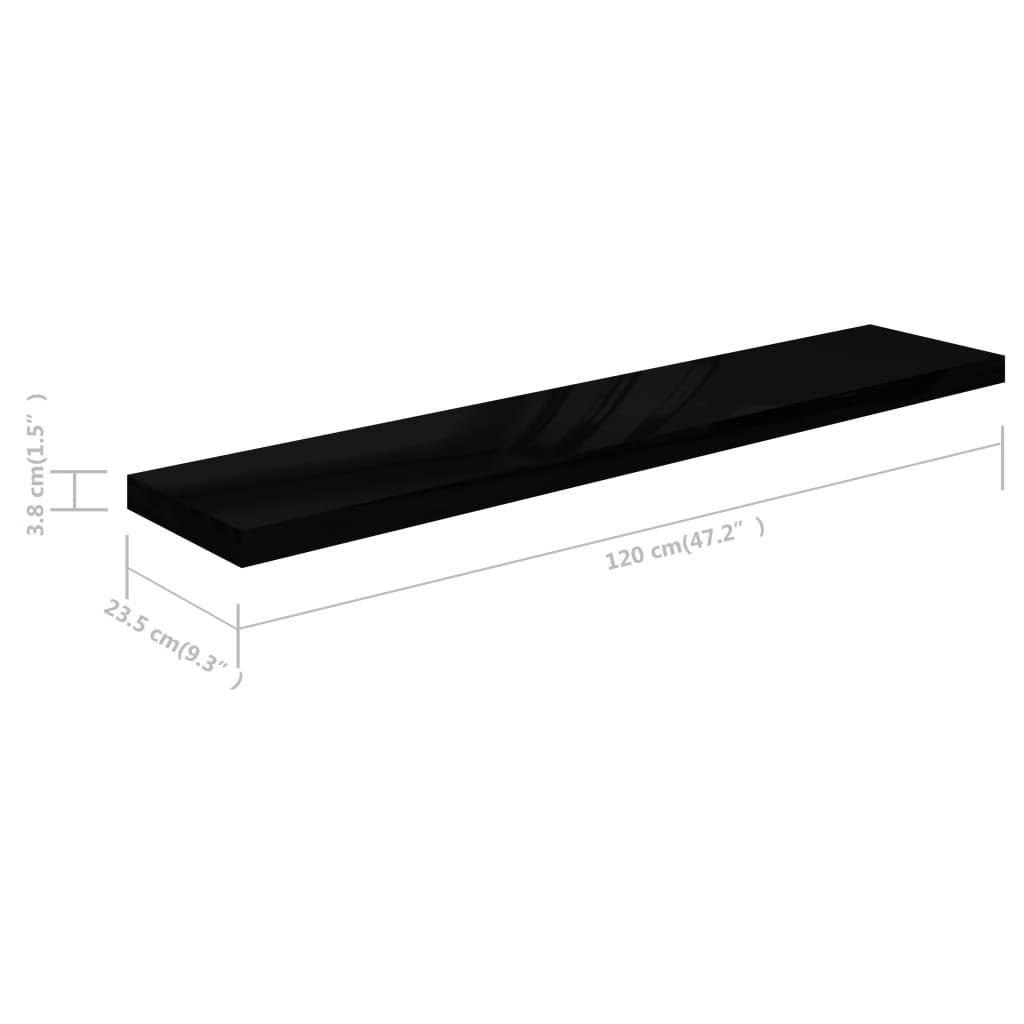 Raft Perete Suspendat, Negru Extralucios, 120X23,5X3,8 Cm, Mdf Negru Foarte Lucios