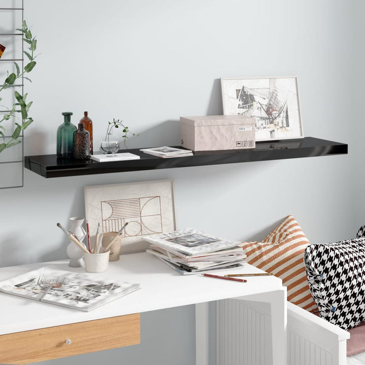 Raft Perete Suspendat, Negru Extralucios, 120X23,5X3,8 Cm, Mdf Negru Foarte Lucios