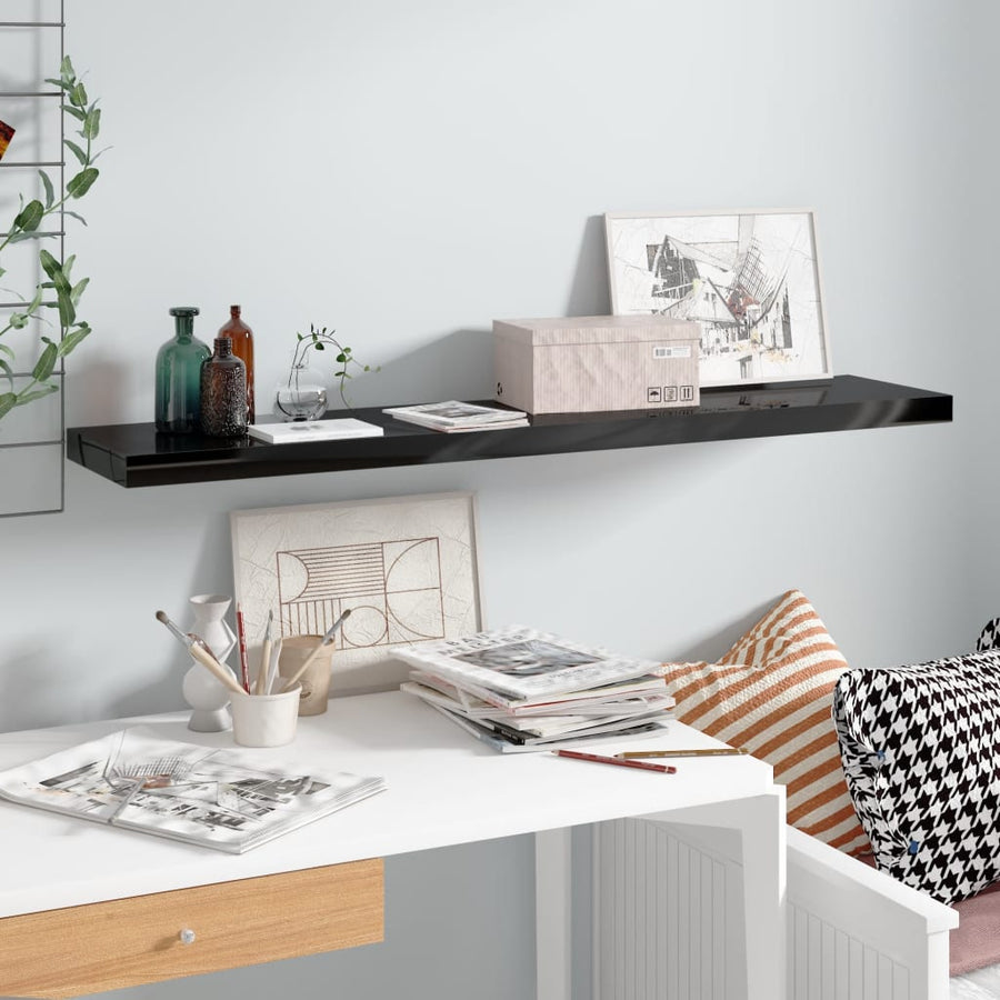 Raft Perete Suspendat, Negru Extralucios, 120X23,5X3,8 Cm, Mdf Negru Foarte Lucios