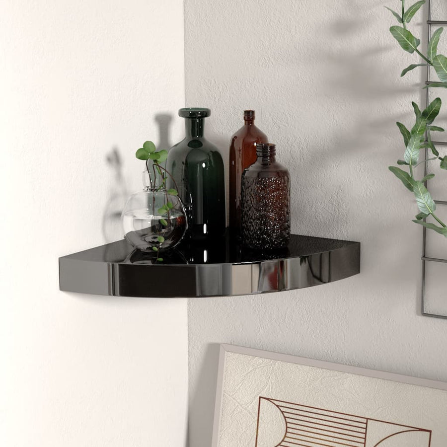 Raft Colțar De Perete, Negru Extralucios, 25 X 25 X 3,8 Cm, Mdf Negru Foarte Lucios