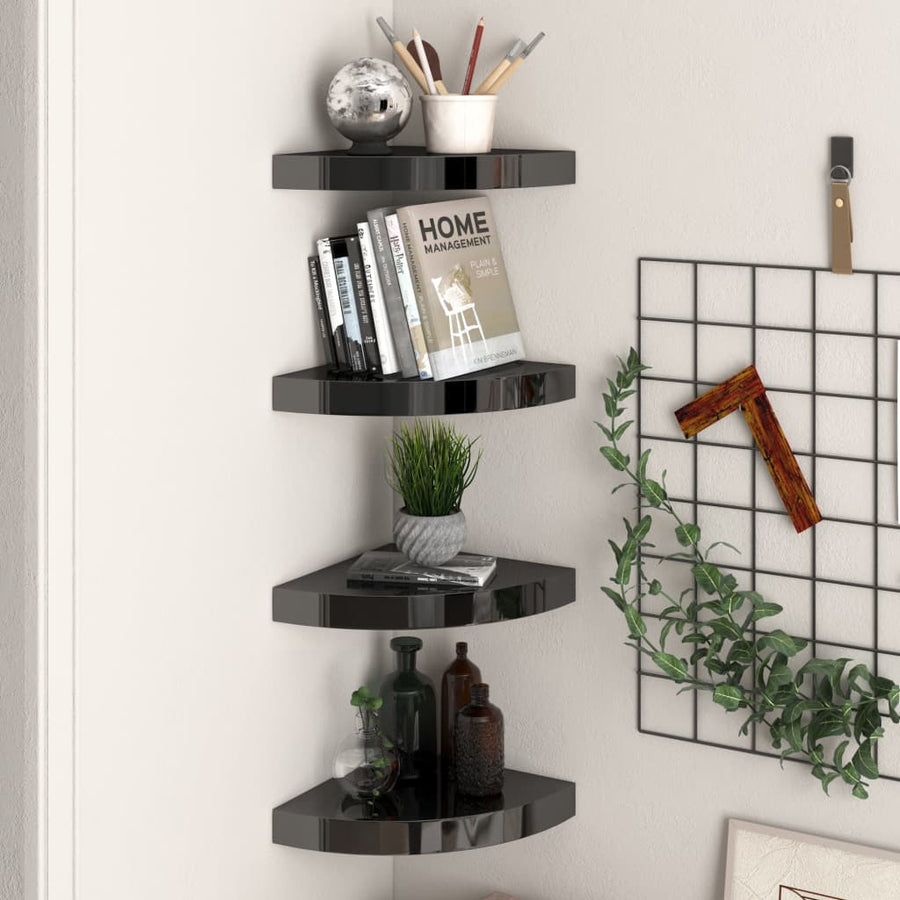 Rafturi De Colț, 4 Buc., Negru Extralucios, 25X25X3,8 Cm, Mdf Negru Foarte Lucios