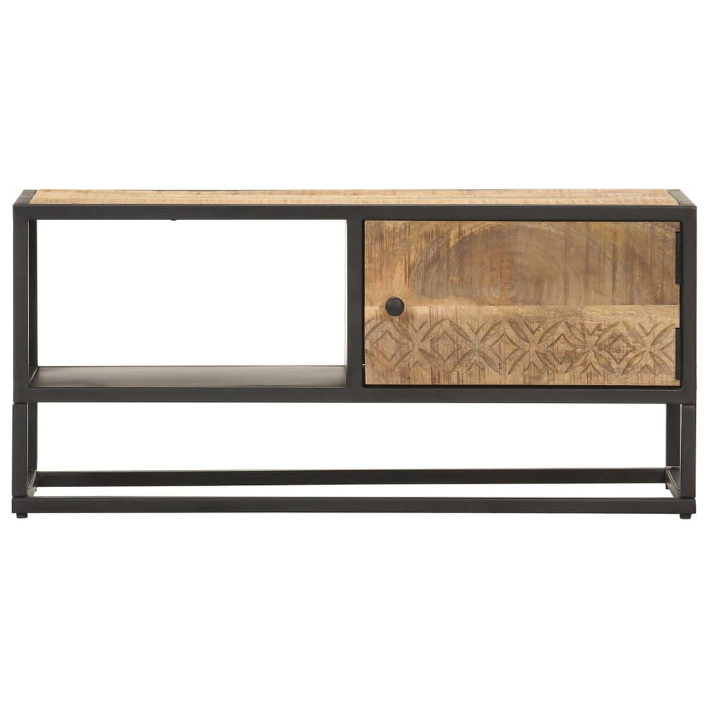 Comodă Tv Cu Ușă Sculpată, 90 X 30 X 40 Cm, Lemn De Mango Brut