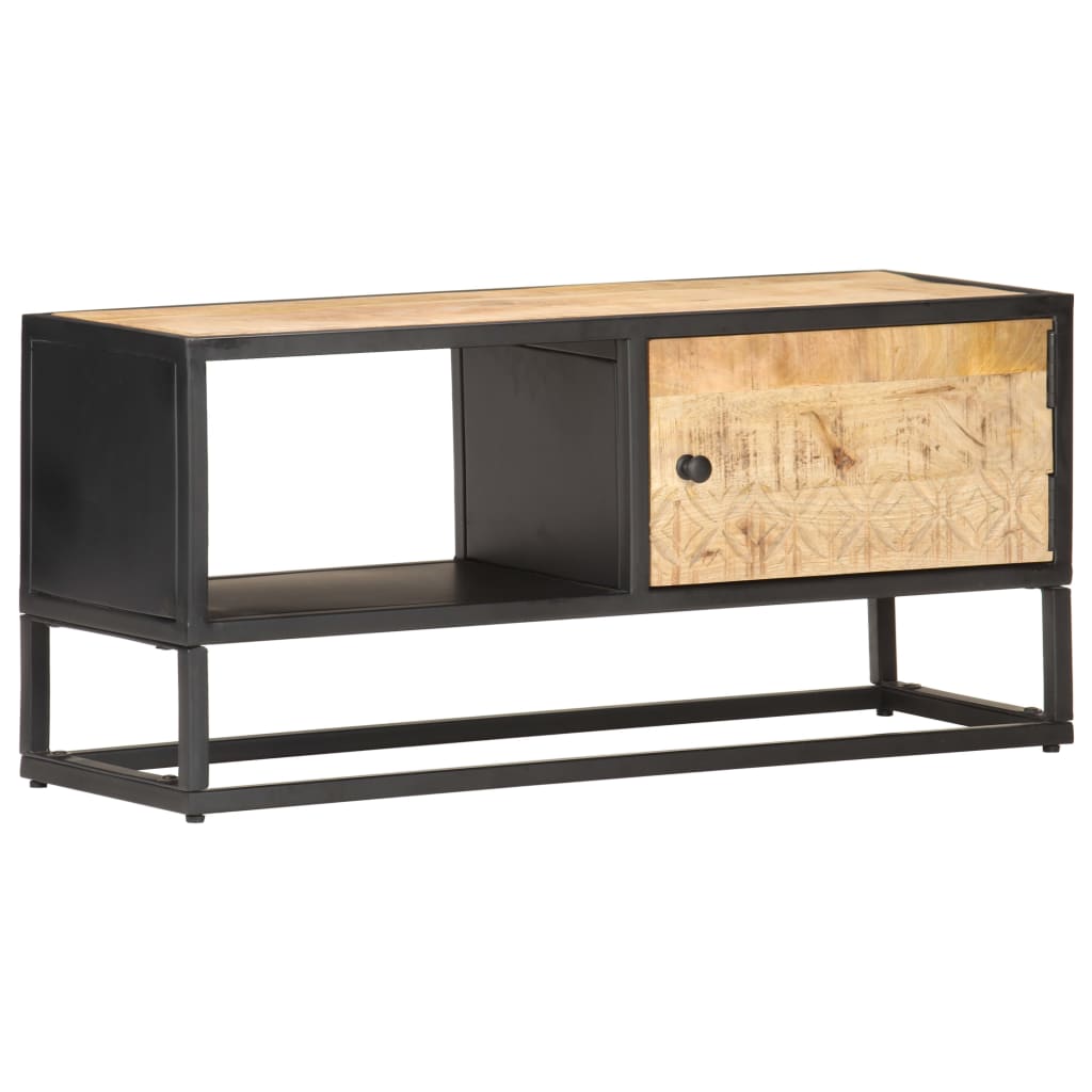 Comodă Tv Cu Ușă Sculpată, 90 X 30 X 40 Cm, Lemn De Mango Brut