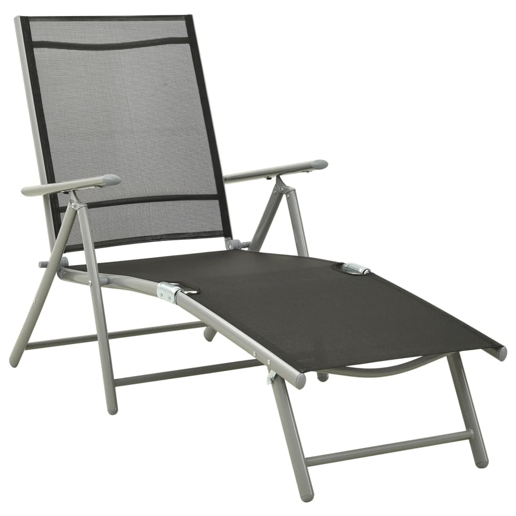 Șezlong Plajă Pliabil, Negru Și Argintiu, Aluminiu & Textilenă