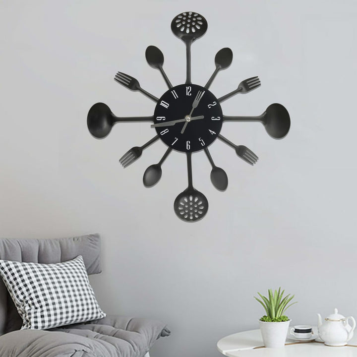 Ceas Perete Cu Model Lingură/Furculiță, Negru, 40 Cm, Aluminiu