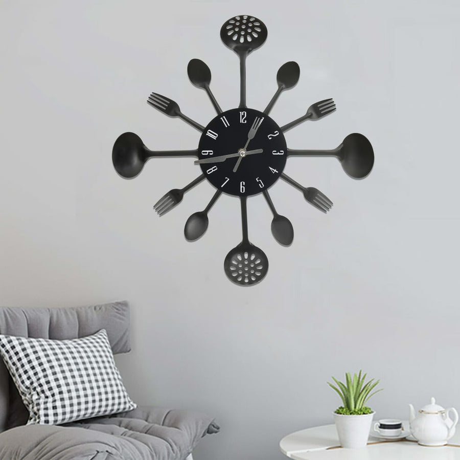 Ceas Perete Cu Model Lingură/Furculiță, Negru, 40 Cm, Aluminiu