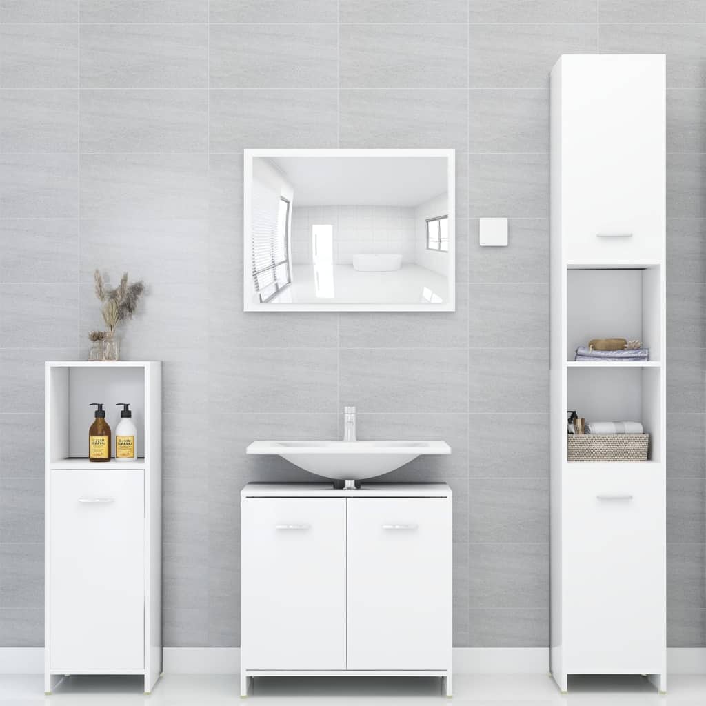 Set Mobilier De Baie, 4 Piese, Alb Extralucios, Lemn Prelucrat