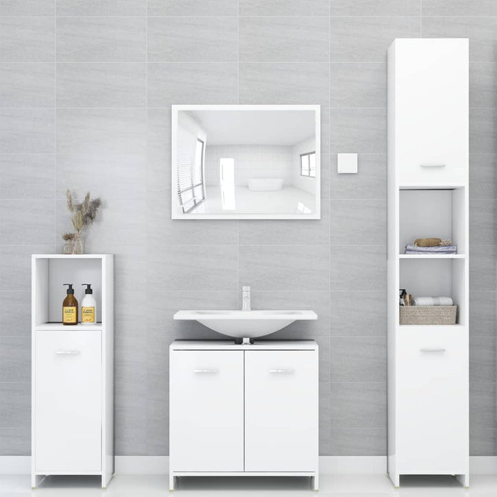 Set Mobilier De Baie, 4 Piese, Alb Extralucios, Lemn Prelucrat