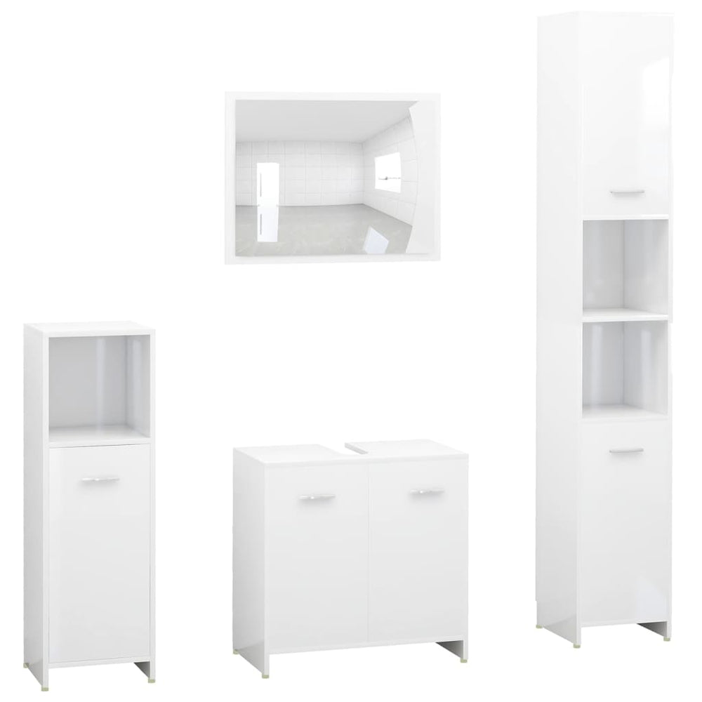 Set Mobilier De Baie, 4 Piese, Alb Extralucios, Lemn Prelucrat