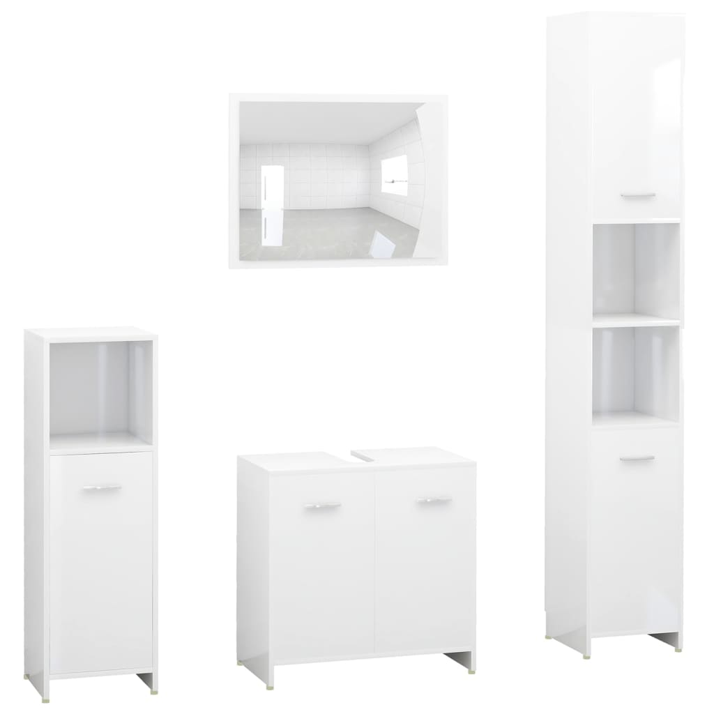 Set Mobilier De Baie, 4 Piese, Alb Extralucios, Lemn Prelucrat