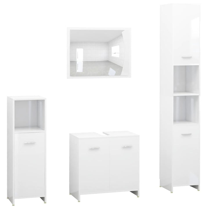 Set Mobilier De Baie, 4 Piese, Alb Extralucios, Lemn Prelucrat