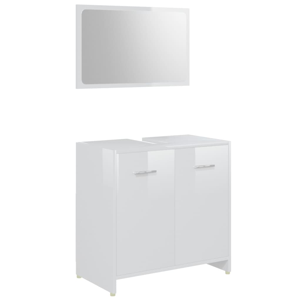 Set Mobilier De Baie, 4 Piese, Alb Extralucios, Lemn Prelucrat