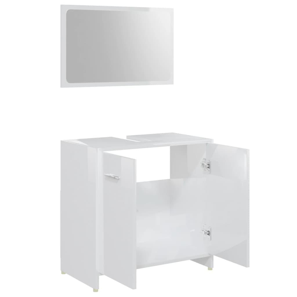 Set Mobilier De Baie, 4 Piese, Alb Extralucios, Lemn Prelucrat