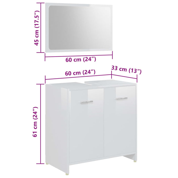 Set Mobilier De Baie, 4 Piese, Alb Extralucios, Lemn Prelucrat