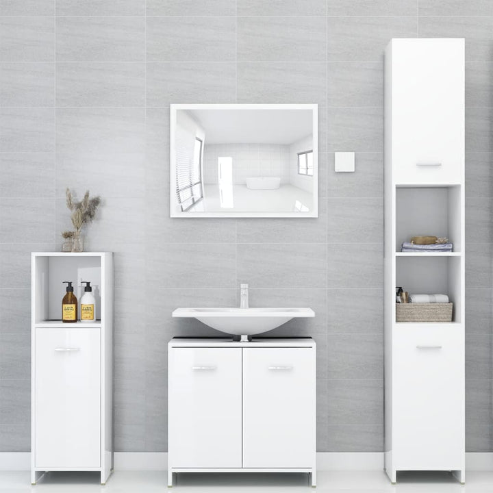 Set Mobilier De Baie, 4 Piese, Alb Extralucios, Lemn Prelucrat