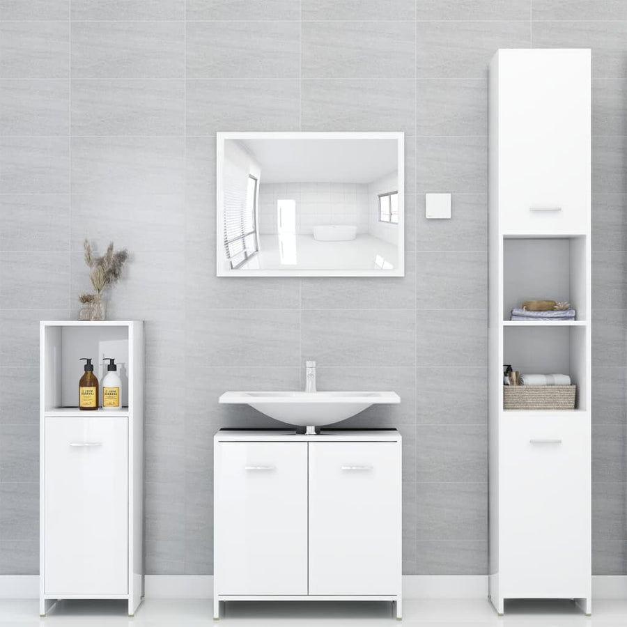 Set Mobilier De Baie, 4 Piese, Alb Extralucios, Lemn Prelucrat