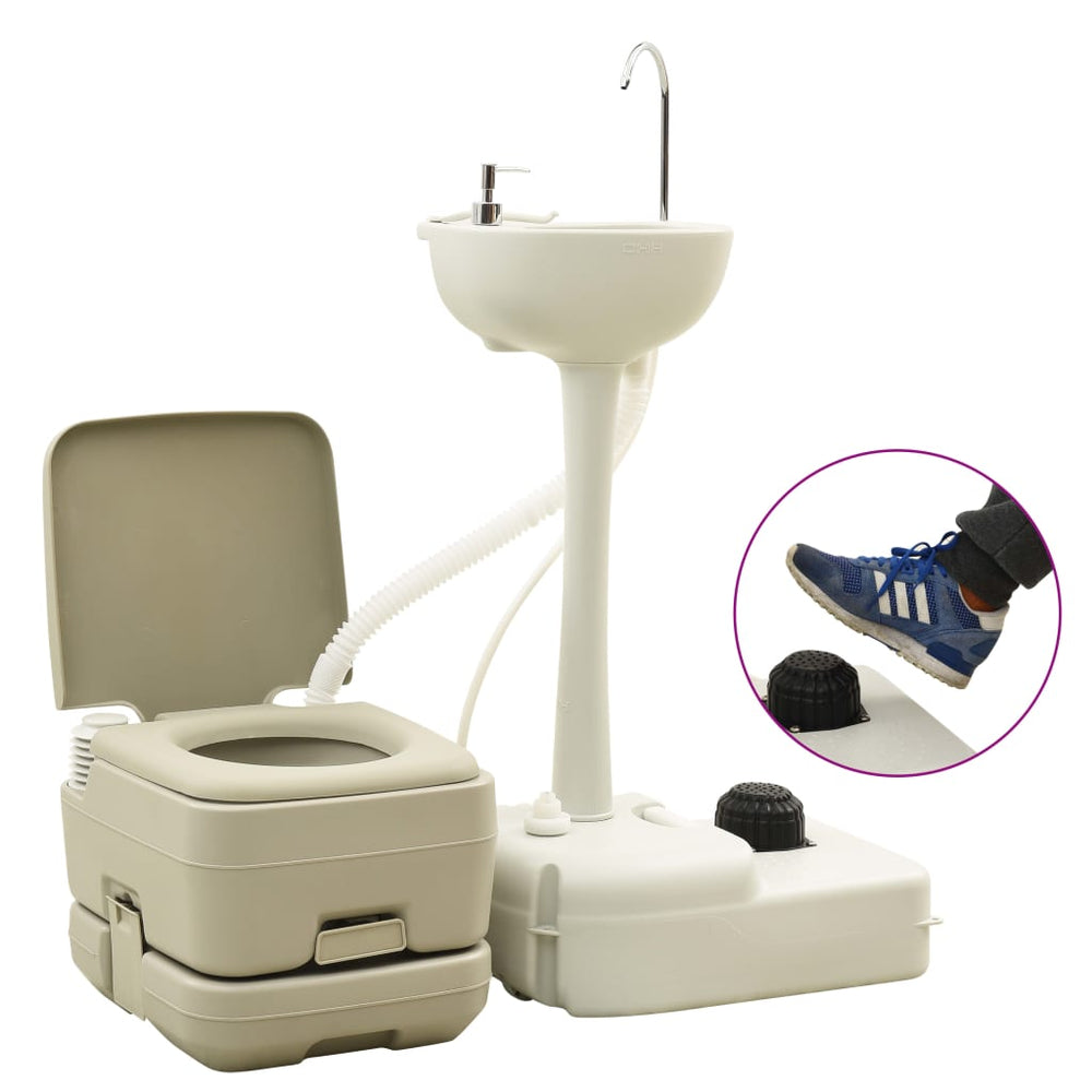 Set Toaletă Portabilă Camping 10+10 L Suport Chiuvetă 20 L, Gri