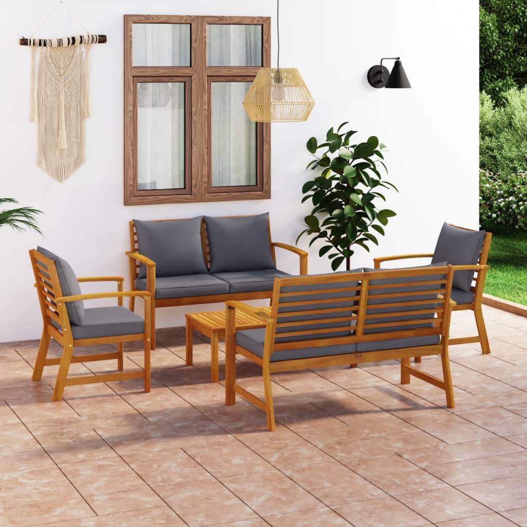 Set Mobilier De Grădină Cu Perne, 5 Piese, , Lemn De Acacia