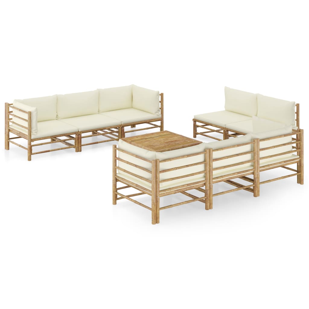 Set Mobilier De Grădină, Cu Perne Alb , 10 Piese, Bambus