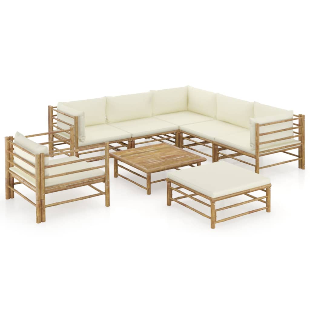 Set Mobilier De Grădină, Cu Perne Alb , 10 Piese, Bambus