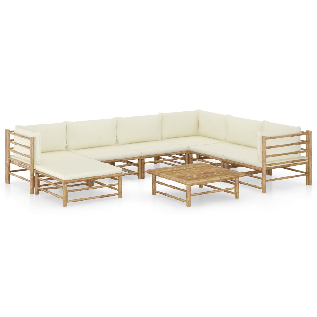Set Mobilier De Grădină, Cu Perne Alb , 10 Piese, Bambus