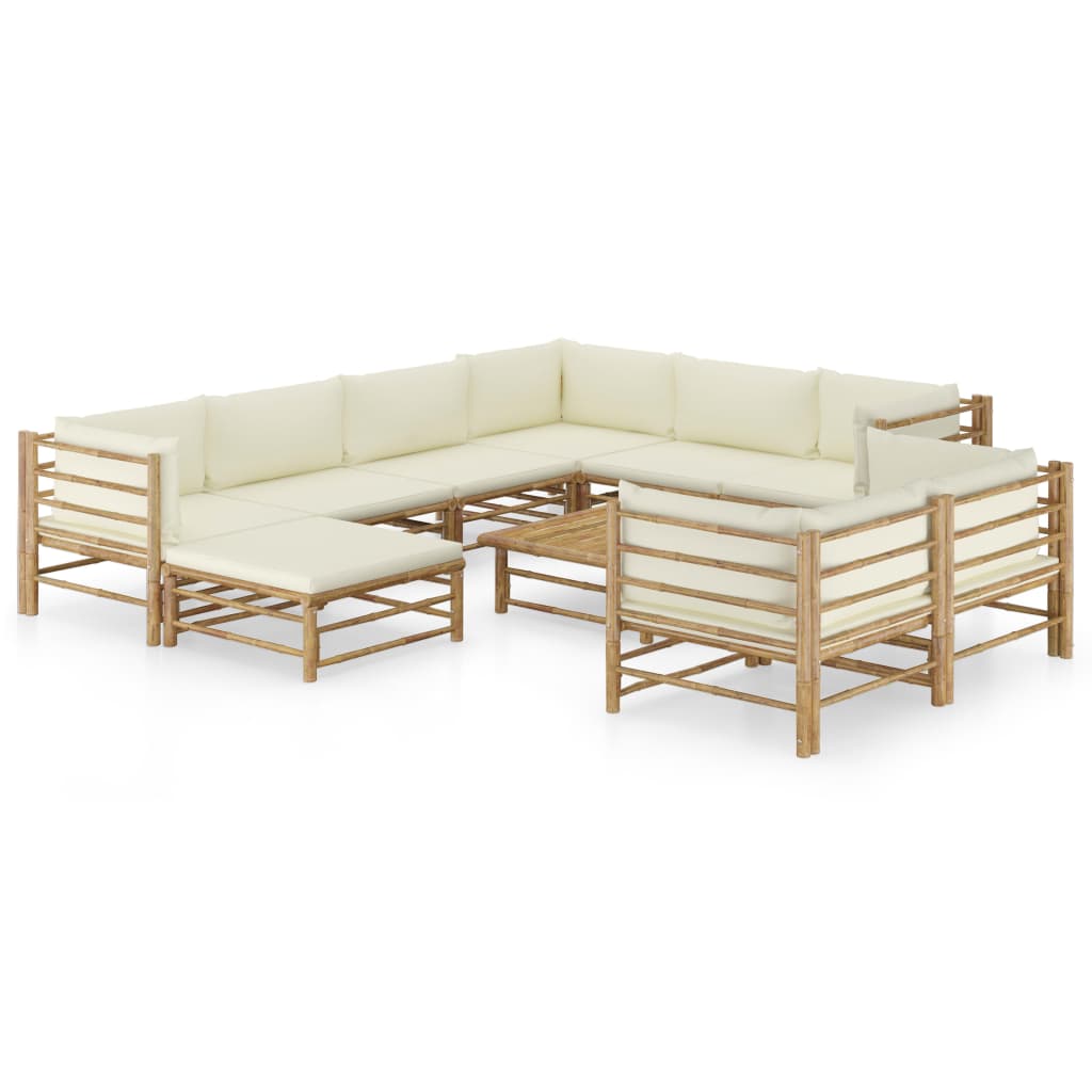 Set Mobilier De Grădină, Cu Perne Alb , 10 Piese, Bambus