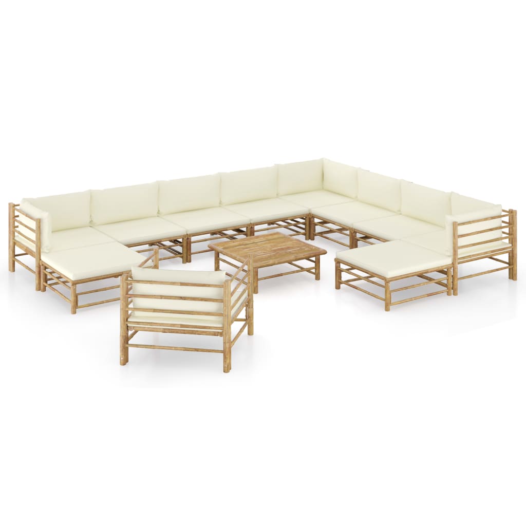 Set Mobilier De Grădină, Cu Perne Alb , 10 Piese, Bambus