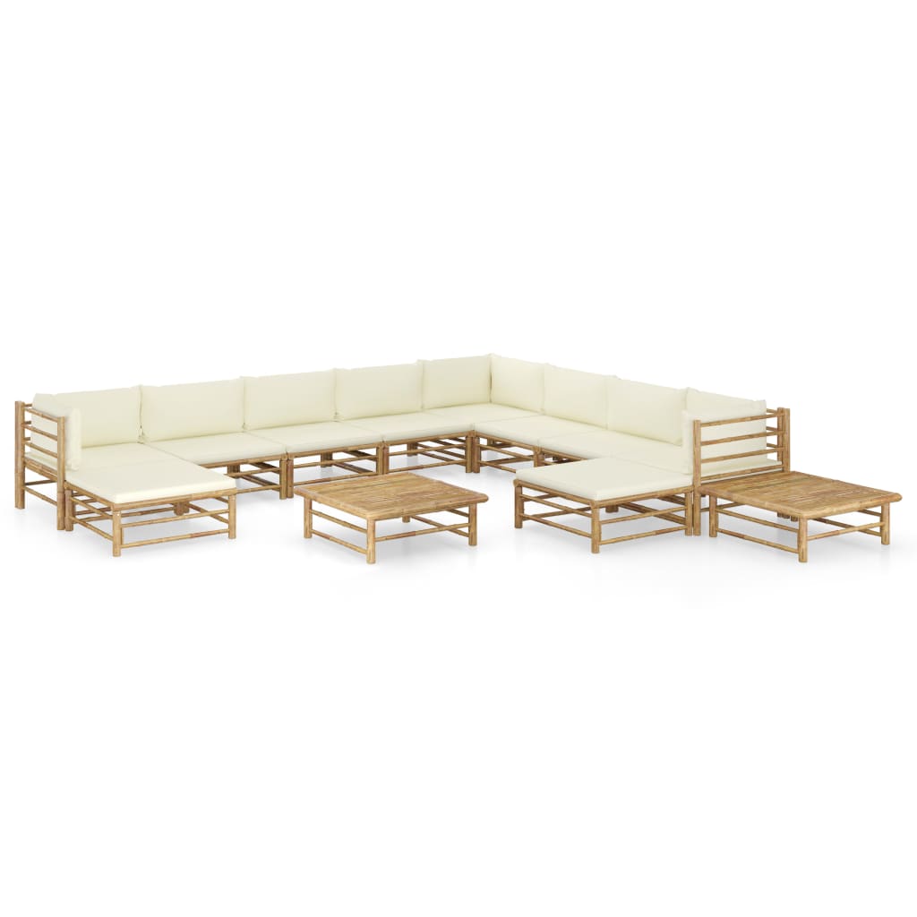 Set Mobilier De Grădină, Cu Perne Alb , 10 Piese, Bambus