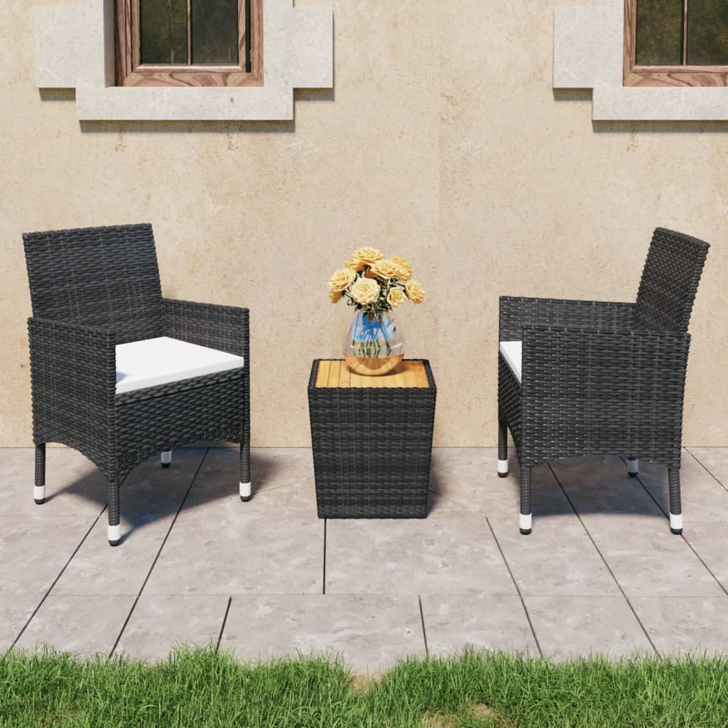 Set Mobilier Bistro, 3 Piese, Negru, Poliratan/Lemn De Acacia