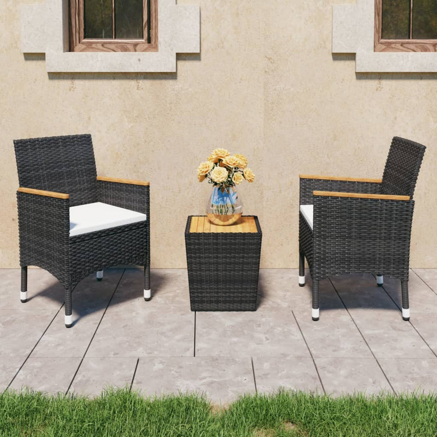 Set Mobilier Bistro, 3 Piese, Negru, Poliratan/Lemn De Acacia