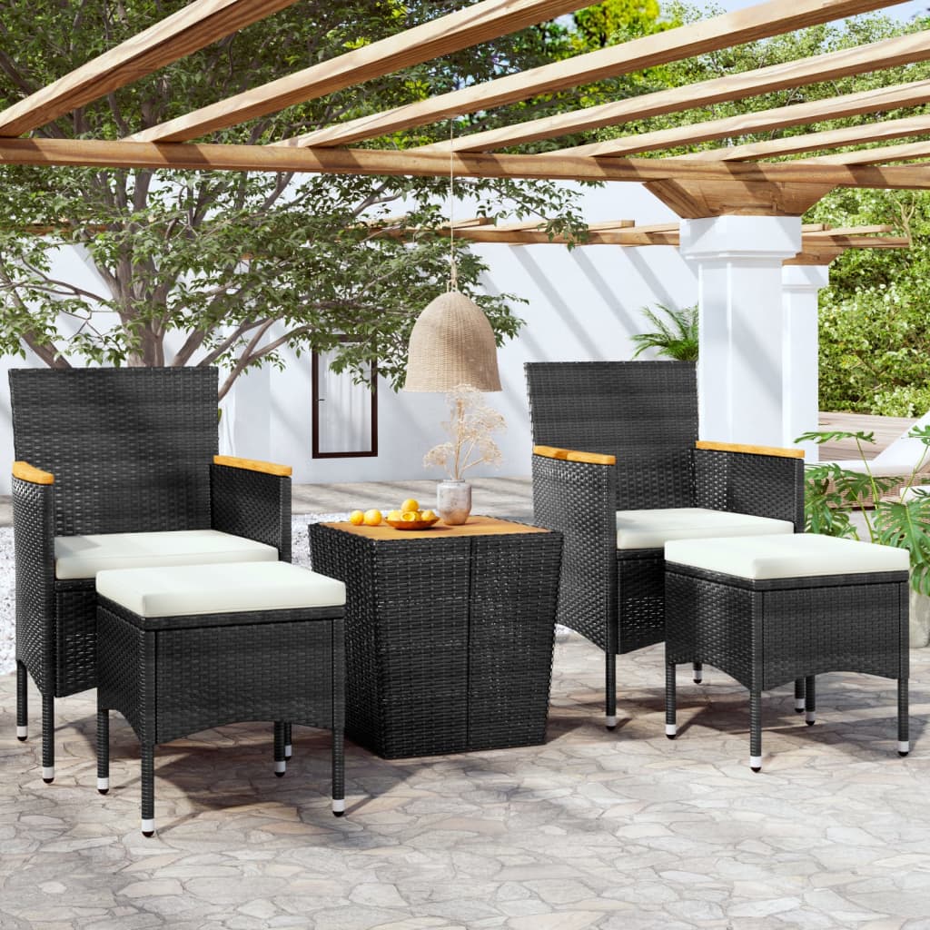 Set Mobilier Bistro, 3 Piese, Negru, Poliratan/Lemn De Acacia