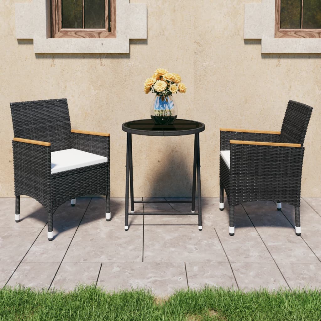 Set Mobilier Bistro Grădină 3 Piese Negru Poliratan Și Sticlă