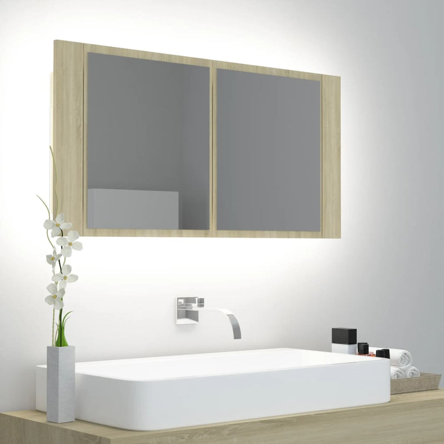 Dulap De Baie Cu Oglindă Și Led, Stejar Sonoma, 90X12X45 Acril