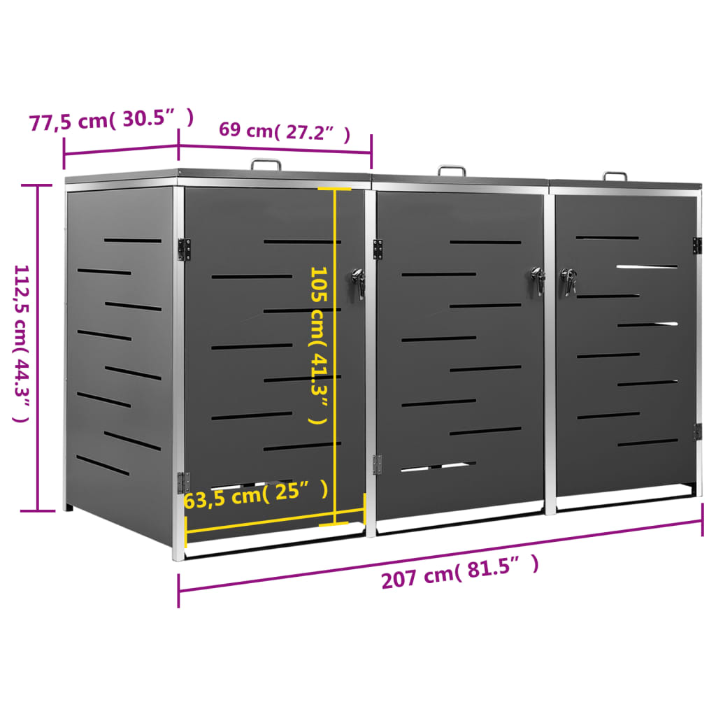Magazie Pentru Trei Pubele, 207X77,5X112,5 Cm, Oțel Inoxidabil