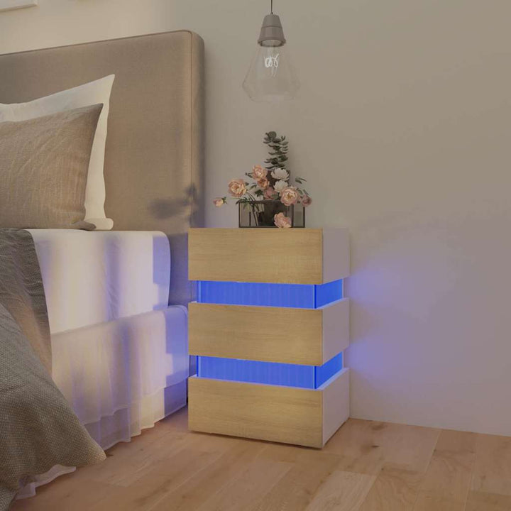 Noptieră Cu Led, Alb/Stejar Sonoma, 45X35X67 Cm, Lemn Prelucrat