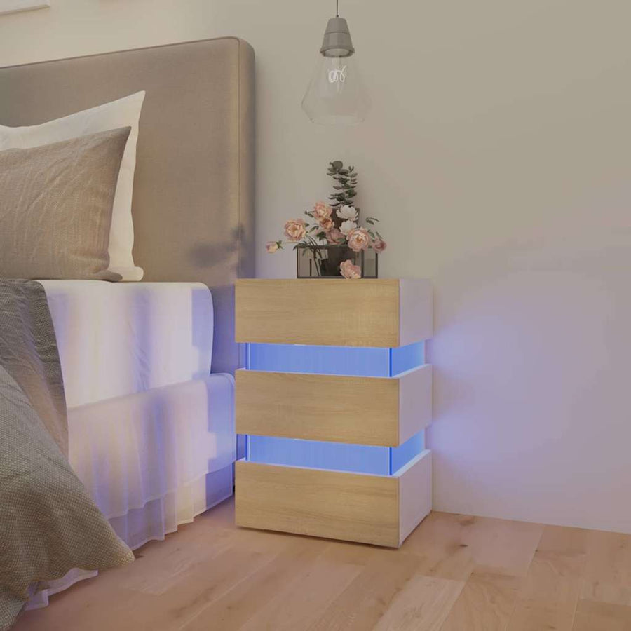 Noptieră Cu Led, Alb/Stejar Sonoma, 45X35X67 Cm, Lemn Prelucrat