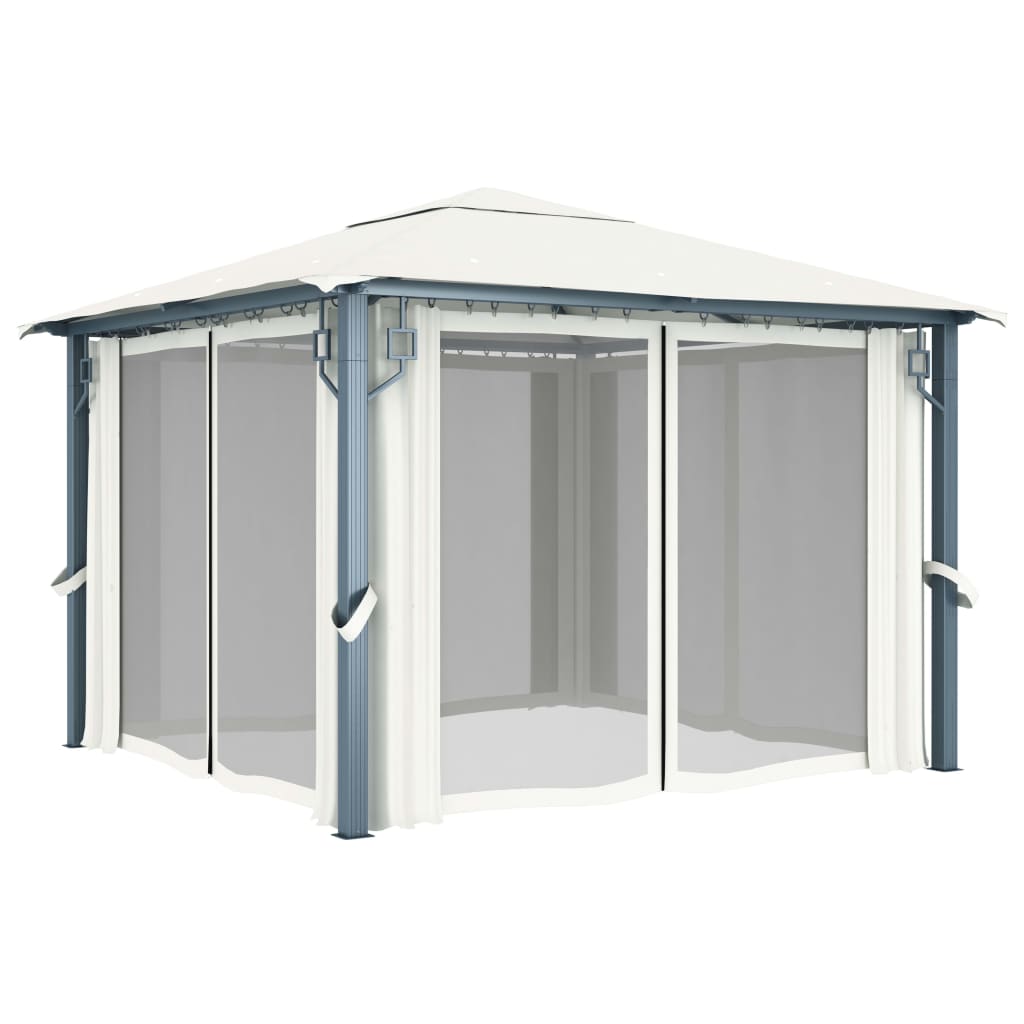 Pavilion Cu Perdele & Șiruri Lumini Led, , 3X3 M, Aluminiu
