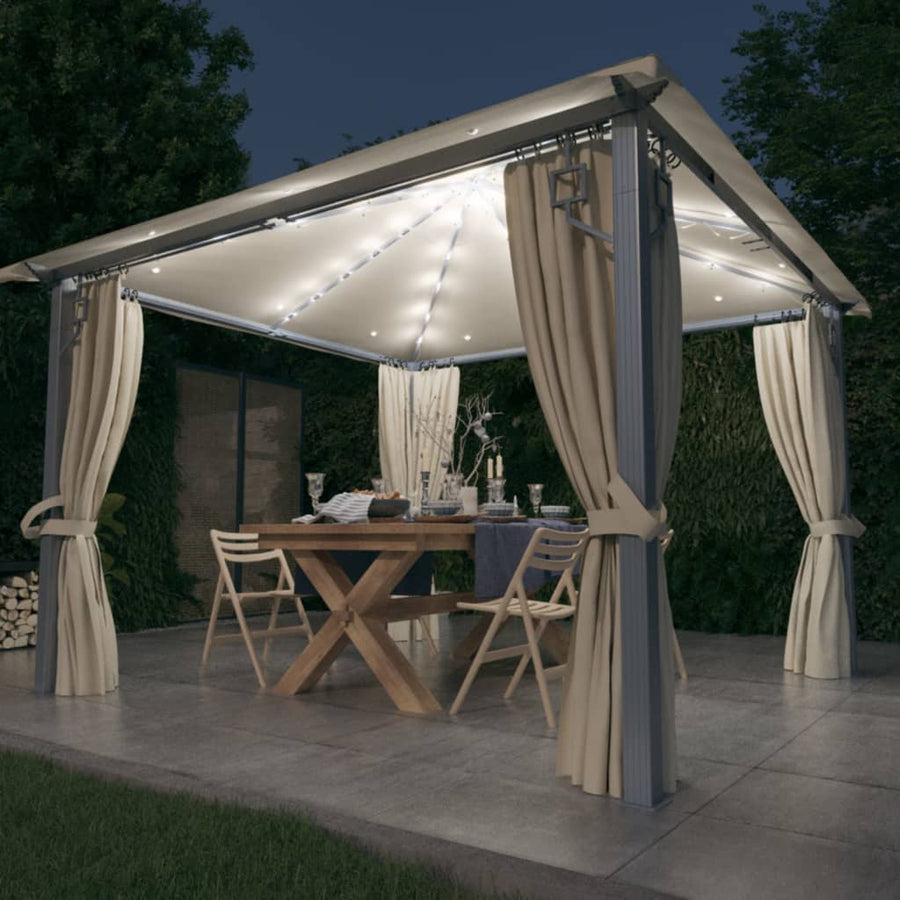 Pavilion Cu Perdele & Șiruri Lumini Led, , 3X3 M, Aluminiu