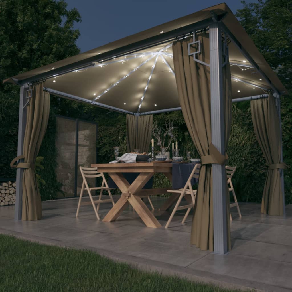 Pavilion Cu Perdele & Șiruri Lumini Led, , 3X3 M, Aluminiu