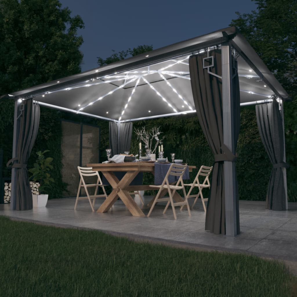 Pavilion Cu Perdele & Șiruri Lumini Led, , 3X3 M, Aluminiu